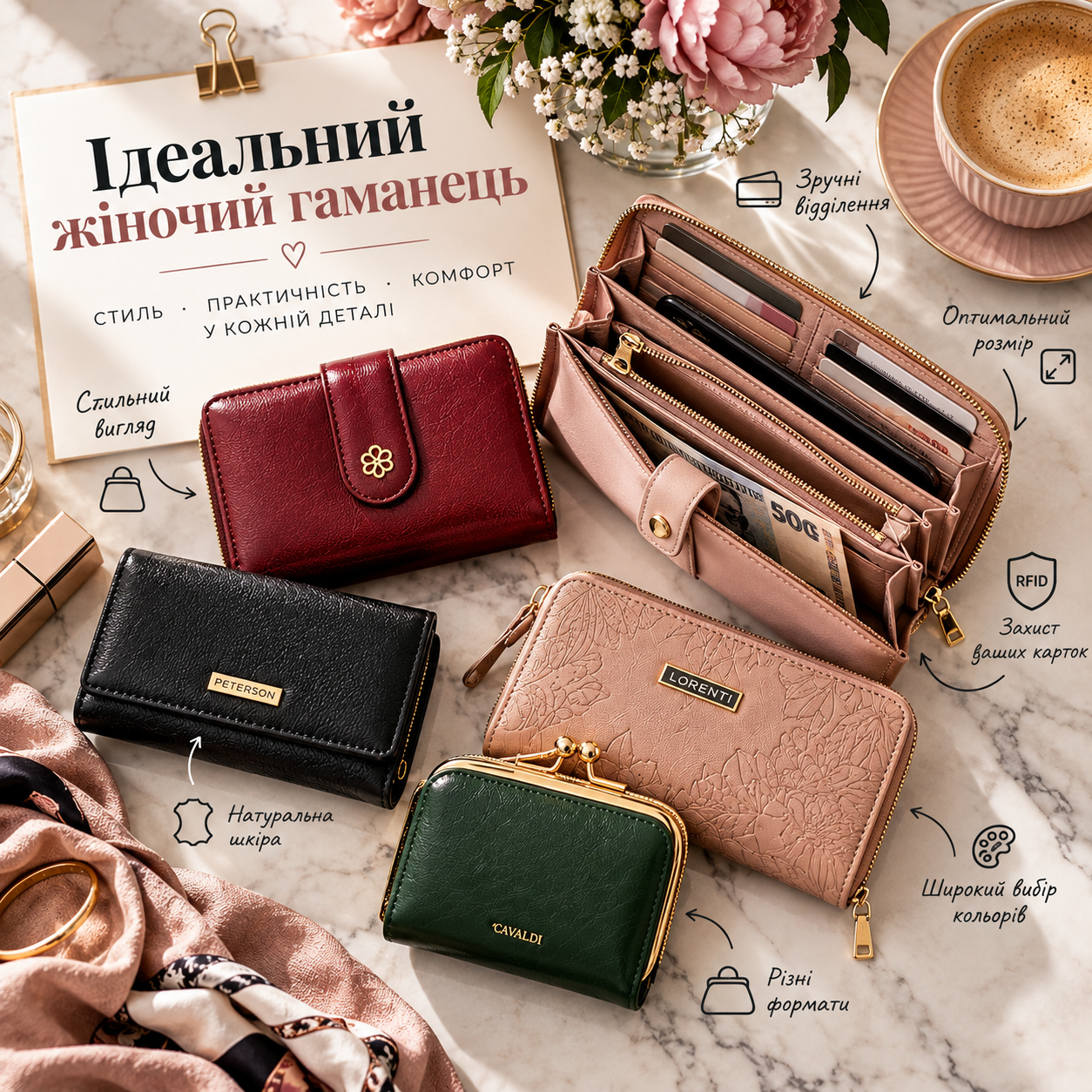 Жіночі шкіряні гаманці Peterson Lorenti і Cavaldi — різні формати кольори і відділення на будь-який смак